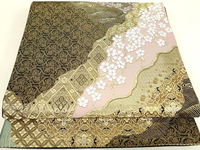 平和屋着物▼六通柄袋帯 道長枝垂れ桜 金糸 正絹 逸品 DABJ1566az