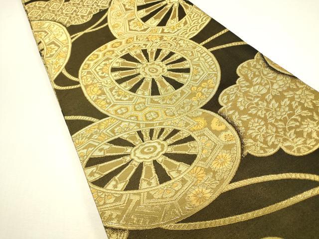 平和屋着物▼丸帯 源氏車花文 金糸 正絹 逸品 DABJ1568az