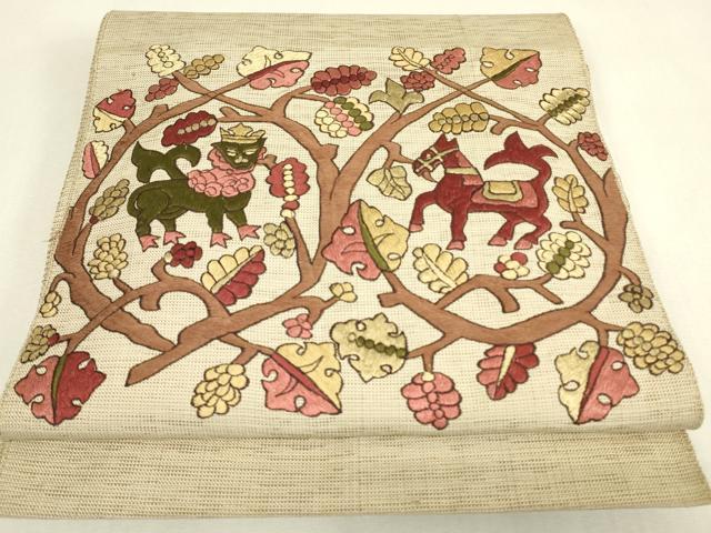 平和屋着物▼総刺繍 八寸名古屋帯 鳥獣葡萄唐草 金糸 正絹 逸品 DABJ1587az