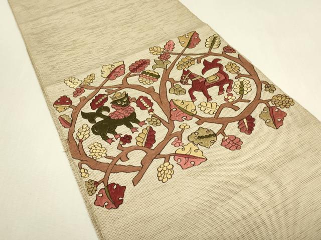 平和屋着物▼総刺繍 八寸名古屋帯 鳥獣葡萄唐草 金糸 正絹 逸品 DABJ1587az