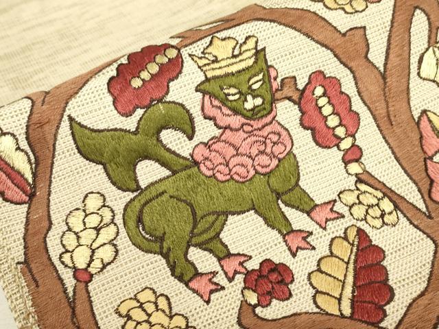平和屋着物▼総刺繍 八寸名古屋帯 鳥獣葡萄唐草 金糸 正絹 逸品 DABJ1587az