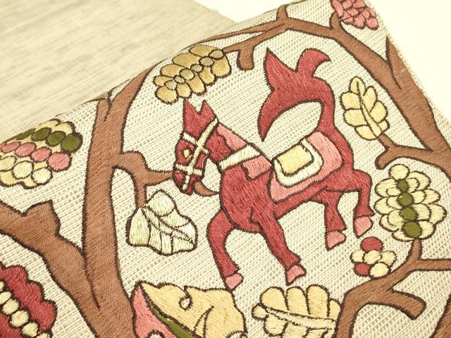 平和屋着物▼総刺繍 八寸名古屋帯 鳥獣葡萄唐草 金糸 正絹 逸品 DABJ1587az