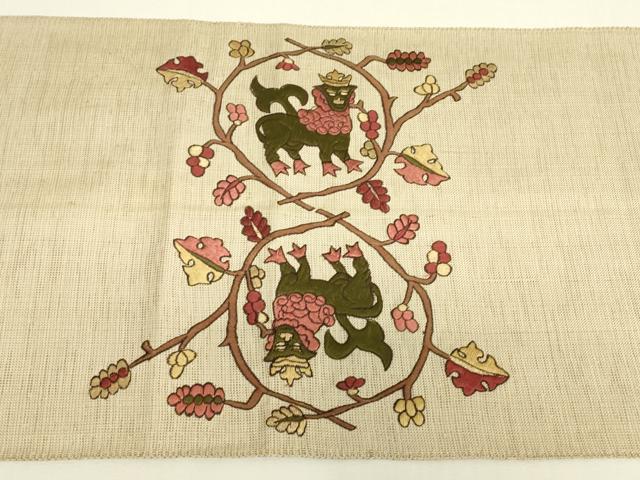 平和屋着物▼総刺繍 八寸名古屋帯 鳥獣葡萄唐草 金糸 正絹 逸品 DABJ1587az