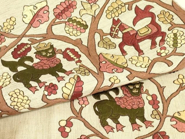 平和屋着物▼総刺繍 八寸名古屋帯 鳥獣葡萄唐草 金糸 正絹 逸品 DABJ1587az