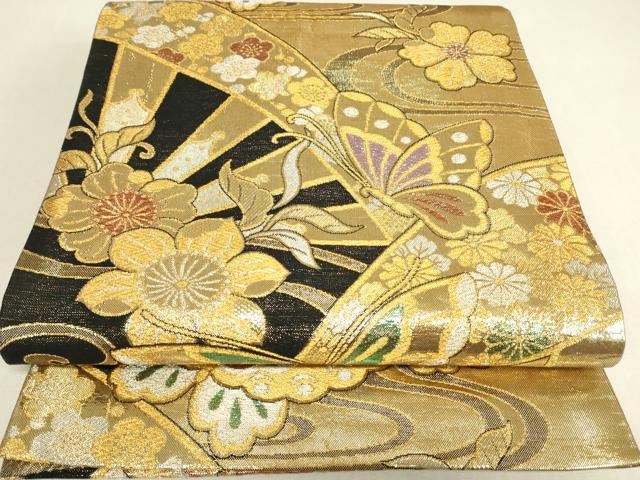 平和屋着物▼佐賀錦 両面 六通柄袋帯 舞蝶花文 金糸 正絹 逸品 DABJ1601az