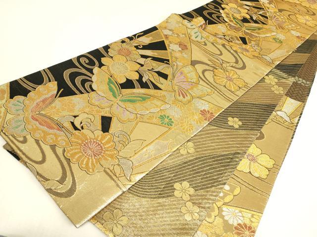 平和屋着物▼佐賀錦 両面 六通柄袋帯 舞蝶花文 金糸 正絹 逸品 DABJ1601az