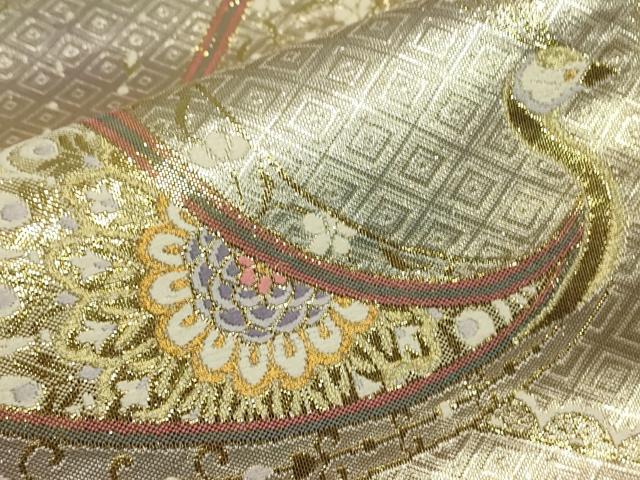 平和屋着物▼佐賀錦 六通柄袋帯 孔雀花文 金糸 正絹 逸品 DABJ1603az