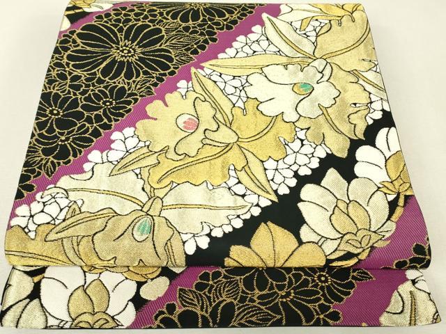 平和屋着物▼六通柄袋帯 花美 蘭 黒地 金糸 正絹 逸品 DABJ1619az