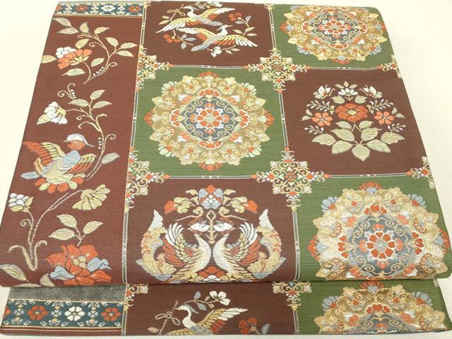 平和屋着物▼六通柄袋帯 正倉院向かい鳥花文 金銀糸 正絹 逸品 DABJ1632az