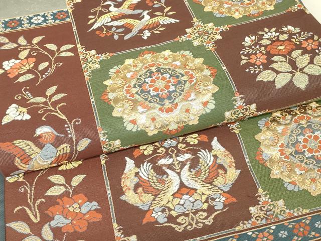 平和屋着物▼六通柄袋帯 正倉院向かい鳥花文 金銀糸 正絹 逸品 DABJ1632az