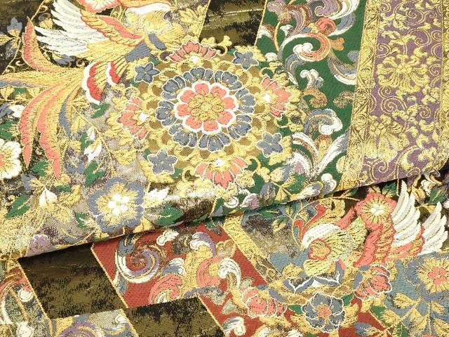 平和屋着物▼六通柄袋帯 花喰い鳥 金糸 引箔 正絹 逸品 DABJ1693az