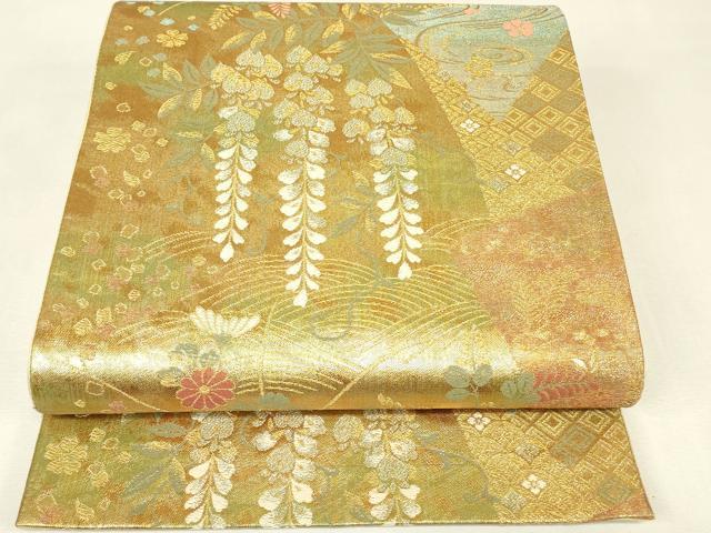 平和屋着物▼六通柄袋帯 枝垂れ藤 金糸 正絹 逸品 DABJ1730az