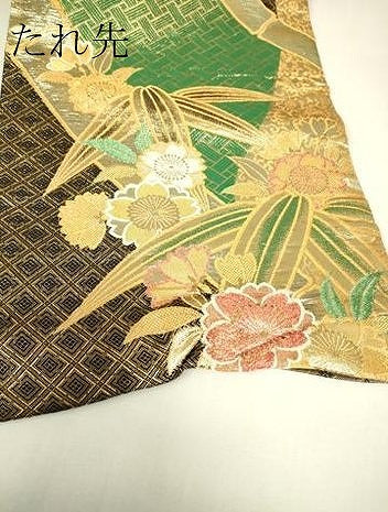 平和屋着物▼佐賀錦 六通柄袋帯 笹竹花文 金糸 正絹 逸品 DABJ1731az