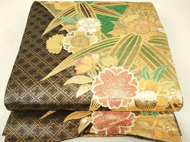 平和屋着物▼佐賀錦 六通柄袋帯 笹竹花文 金糸 正絹 逸品 DABJ1731az