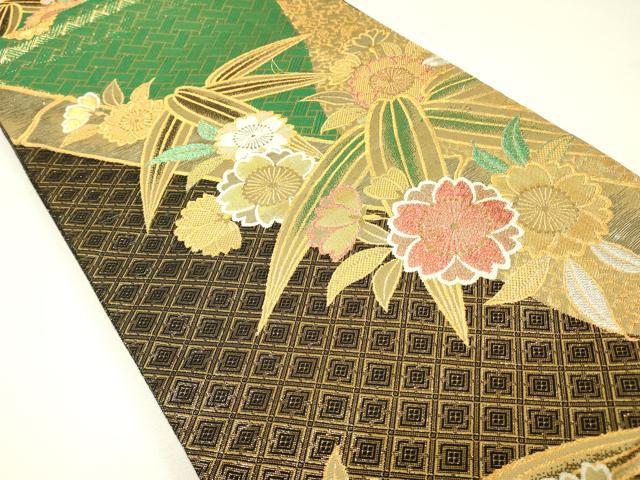 平和屋着物▼佐賀錦 六通柄袋帯 笹竹花文 金糸 正絹 逸品 DABJ1731az