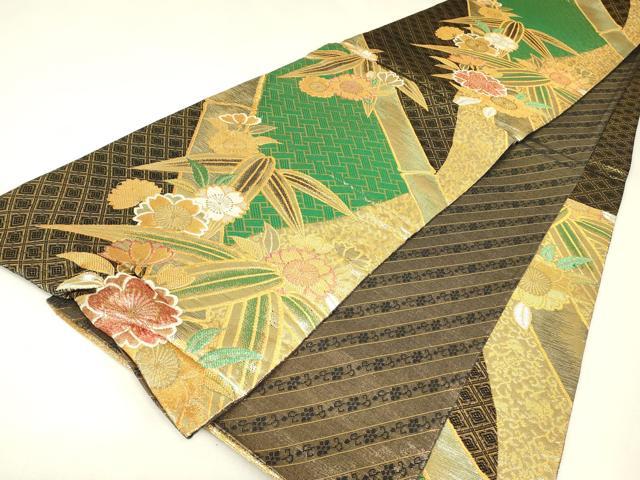 平和屋着物▼佐賀錦 六通柄袋帯 笹竹花文 金糸 正絹 逸品 DABJ1731az
