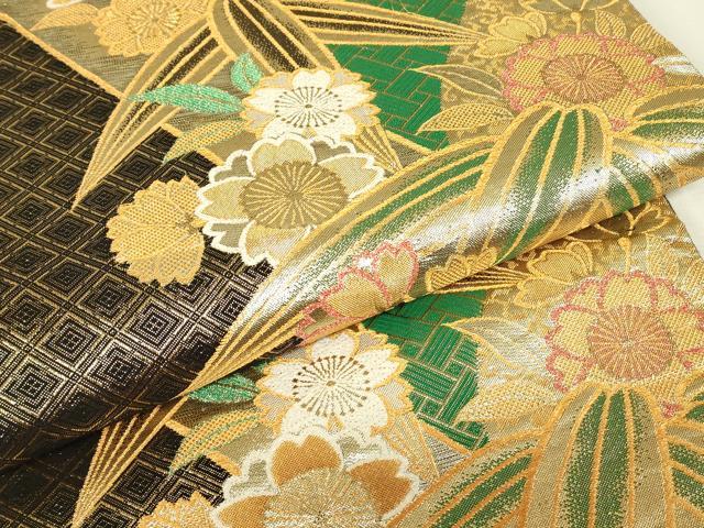平和屋着物▼佐賀錦 六通柄袋帯 笹竹花文 金糸 正絹 逸品 DABJ1731az