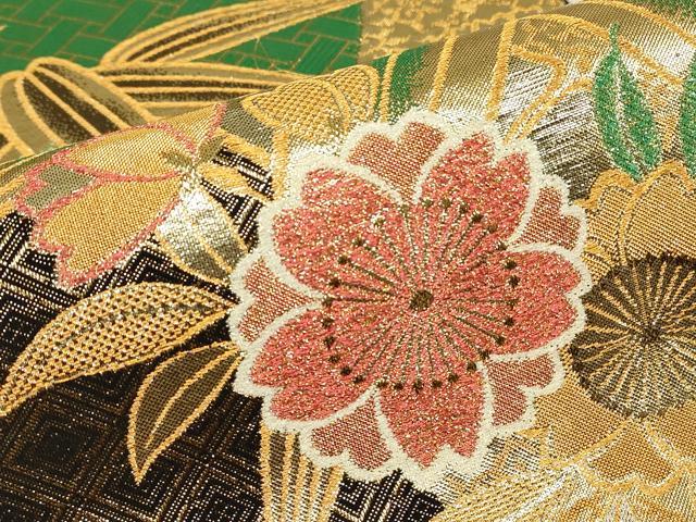 平和屋着物▼佐賀錦 六通柄袋帯 笹竹花文 金糸 正絹 逸品 DABJ1731az