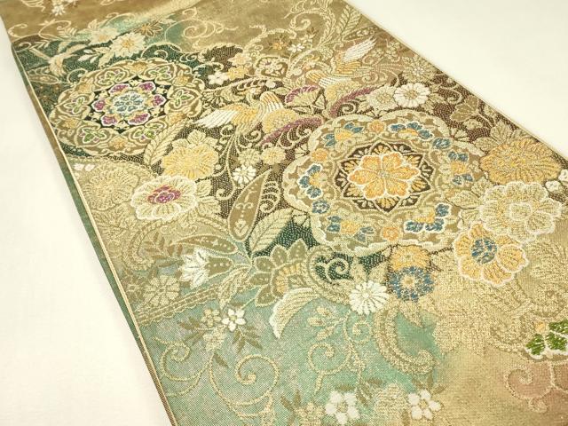 平和屋着物▼六通柄袋帯 正倉院向かい鳥花文 金糸 正絹 逸品 DABJ1743az