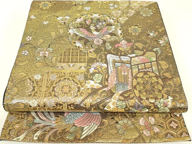 平和屋着物▼六通柄袋帯 御所車鳳凰花文 金糸 正絹 逸品 DABJ1744az