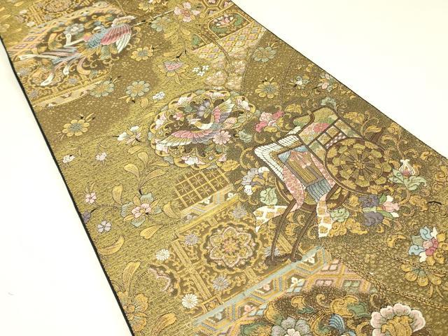平和屋着物▼六通柄袋帯 御所車鳳凰花文 金糸 正絹 逸品 DABJ1744az