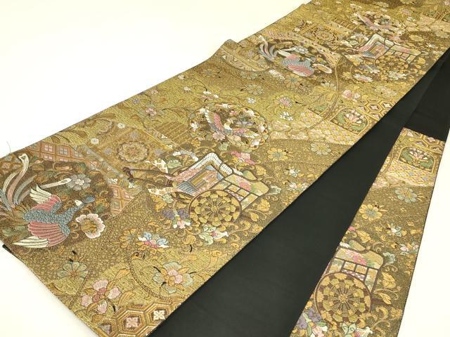 平和屋着物▼六通柄袋帯 御所車鳳凰花文 金糸 正絹 逸品 DABJ1744az