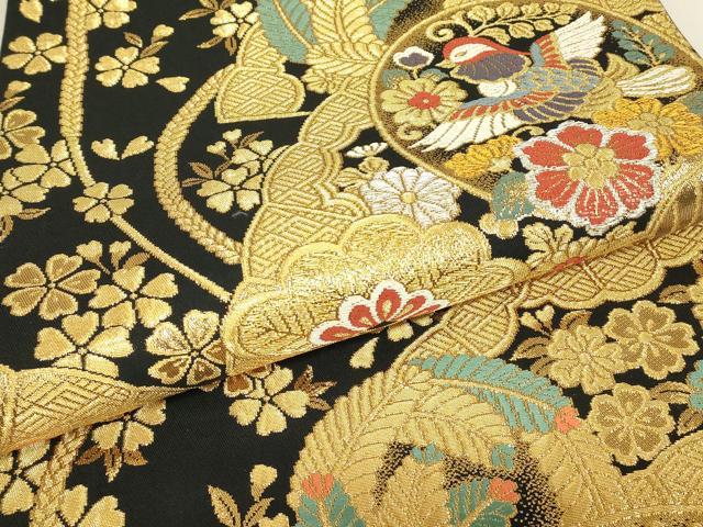 平和屋着物▼六通柄袋帯 檜扇鴛鴦花文 黒地 金糸 正絹 逸品 DABJ1767az
