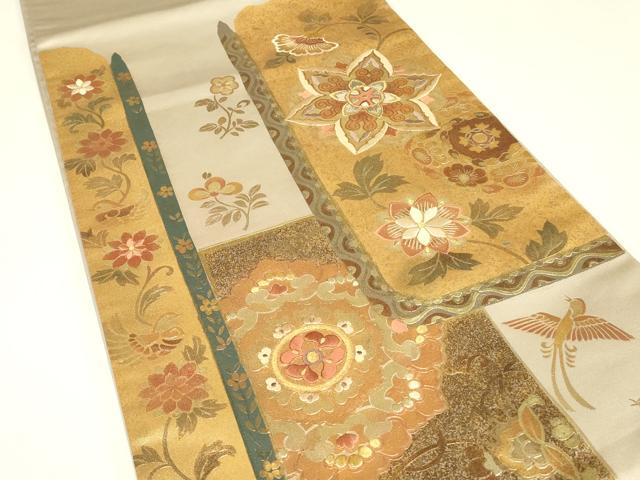 平和屋着物▼太鼓柄袋帯 刺繍 更紗花鳥文 金彩 正絹 逸品 DABJ1812az