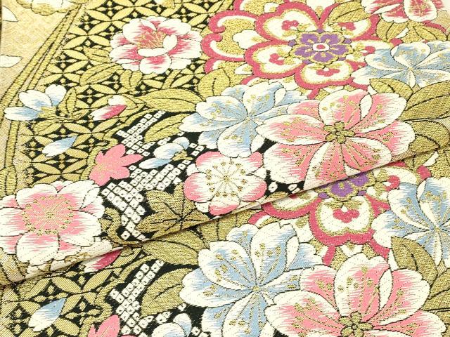 平和屋着物▼六通柄袋帯 正倉院花文 金糸 正絹 逸品 DABJ1825az