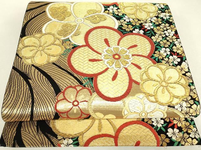 平和屋着物▼六通柄袋帯 江戸ごよみ 流水舞桜 黒地 金糸 正絹 逸品 DABJ1883az