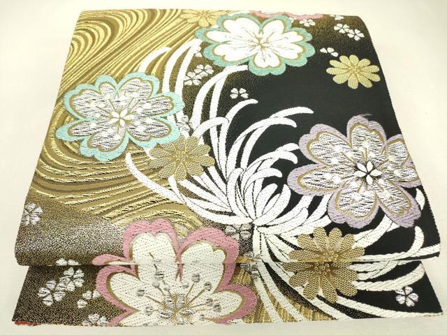 平和屋着物▼六通柄袋帯 乱菊舞桜文 黒地 金銀糸 正絹 逸品 DABJ1886az