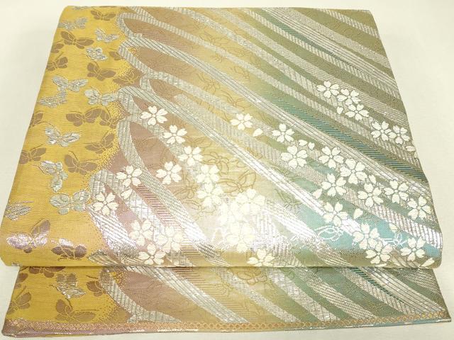 平和屋着物▼六通柄袋帯 舞蝶花文 銀糸 正絹 逸品 DABJ1892az