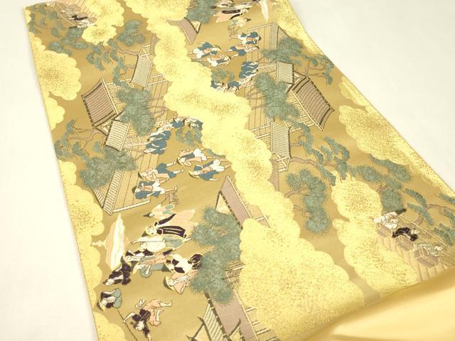 平和屋着物▼六通柄袋帯 上品錦 雲取り人物風景文 金糸 正絹 逸品 DABJ1905az