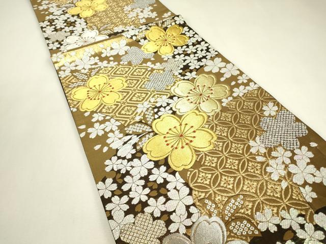 平和屋着物▼六通柄袋帯 七宝舞桜文 金銀糸 正絹 逸品 DABJ1911az