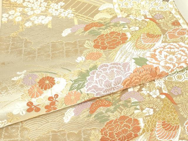 平和屋着物▼六通柄袋帯 唐織 尾長鳥几帳牡丹文 金糸 正絹 逸品 DABJ1936az