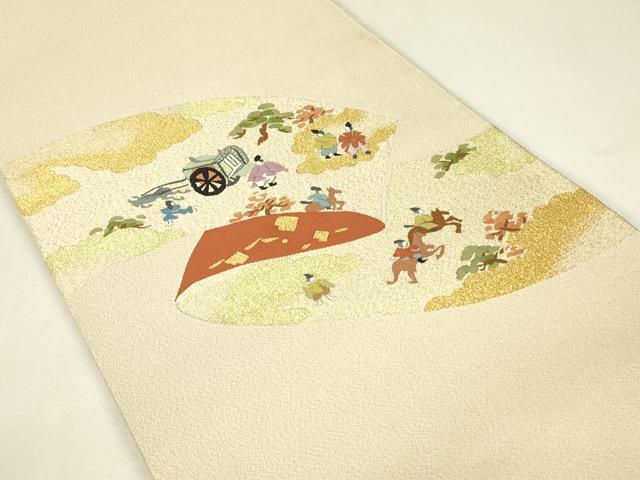 平和屋着物▼綴れ 太鼓柄袋帯 御所車人物風景文 金糸 正絹 逸品 DABJ1946az