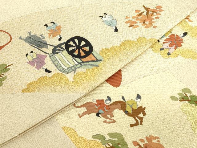 平和屋着物▼綴れ 太鼓柄袋帯 御所車人物風景文 金糸 正絹 逸品 DABJ1946az