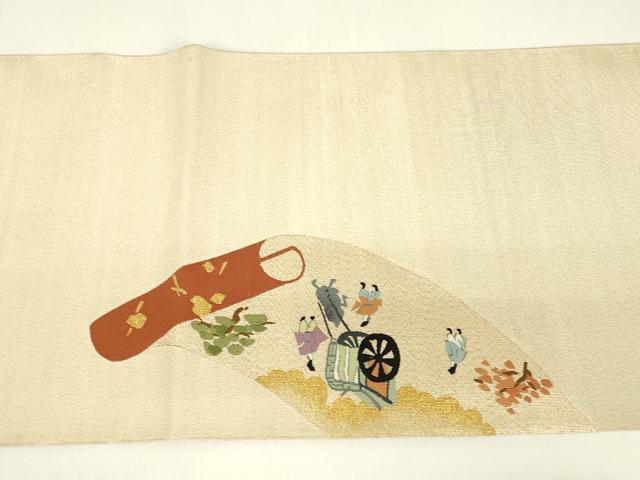 平和屋着物▼綴れ 太鼓柄袋帯 御所車人物風景文 金糸 正絹 逸品 DABJ1946az
