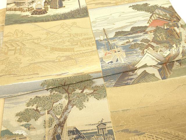 平和屋着物▼六通柄袋帯 水辺風景人物文 金糸 正絹 逸品 DABJ1950az