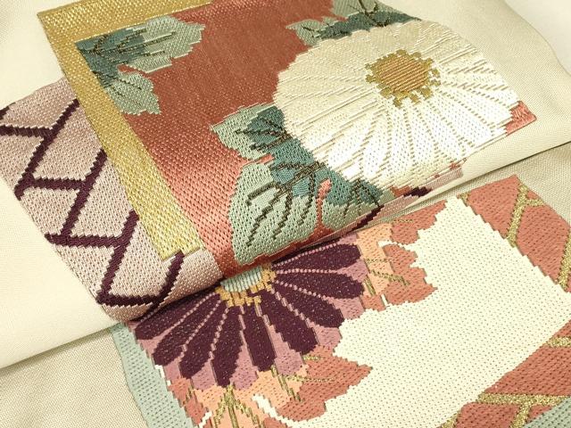平和屋着物▼絽刺し 区限刺繍 総刺繍 九寸名古屋帯 色紙重ね花文 金糸 正絹 逸品 DABJ1954az