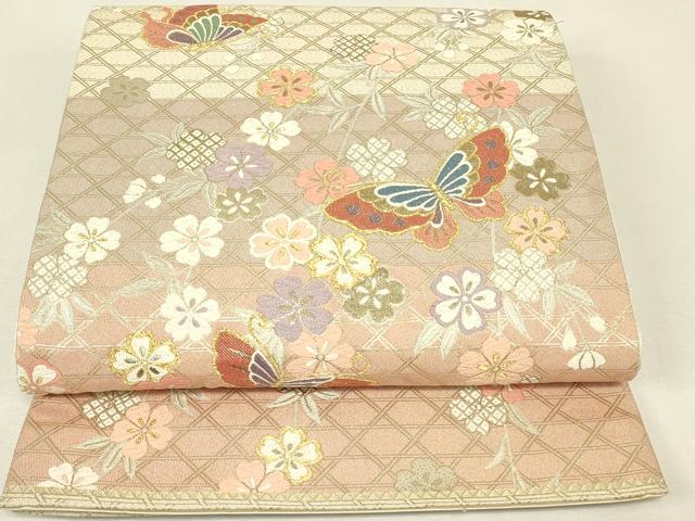平和屋着物▼六通柄袋帯 枝垂れ桜舞蝶文 金銀糸 正絹 逸品 DABJ1968az
