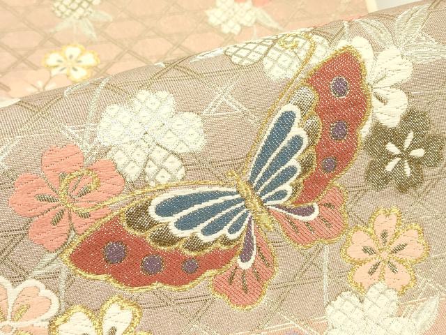 平和屋着物▼六通柄袋帯 枝垂れ桜舞蝶文 金銀糸 正絹 逸品 DABJ1968az