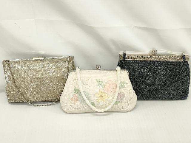平和屋着物▼和装小物 和装ビーズバッグまとめて3点 総ビーズ 草花文 白色 逸品 DABJ2102xg