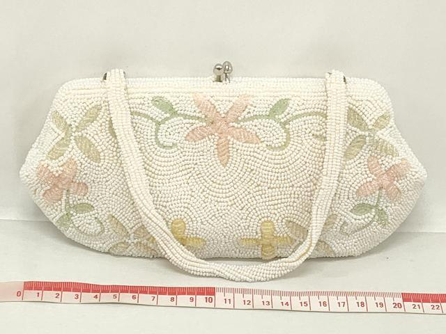 平和屋着物▼和装小物 和装ビーズバッグまとめて3点 総ビーズ 草花文 白色 黒色 逸品 DABJ2120xg