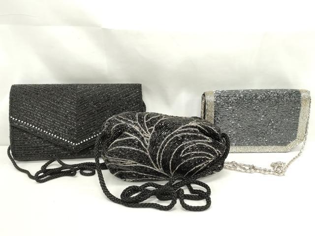 平和屋着物▼和装小物 和装バッグまとめて3点 ハンドバッグ ビーズバッグ ポシェット 総ビーズ ラインストーン 黒色 逸品 DABJ2444xg