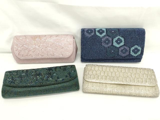 平和屋着物▼和装小物 和装ビーズバッグまとめて4点 総ビーズ 草花文 ピンク色 グリーン系 瑠璃紺色 逸品 DABJ2462xg