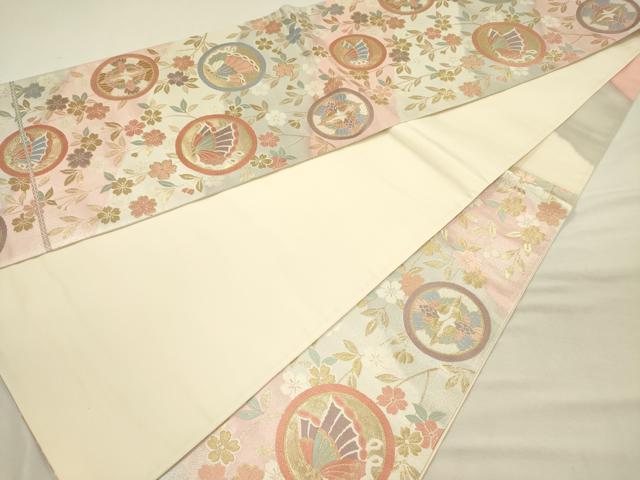 平和屋着物◎六通柄袋帯 唐織 双鶴花蝶丸文 金糸 正絹 逸品 DABJ2570ya