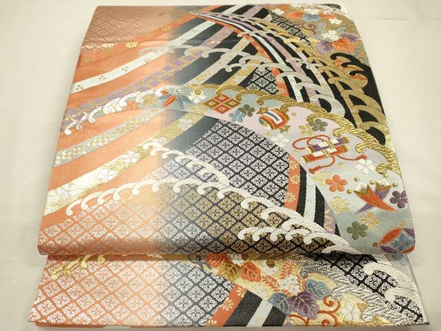 平和屋着物◎六通柄袋帯 唐織 立波花文 宝尽くし 金銀糸 正絹 逸品 DABJ2601ya