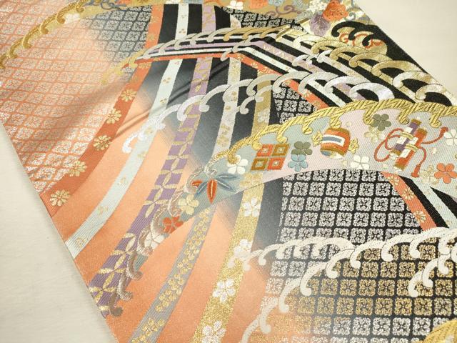 平和屋着物◎六通柄袋帯 唐織 立波花文 宝尽くし 金銀糸 正絹 逸品 DABJ2601ya