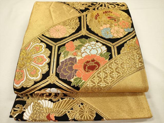 平和屋着物◎六通柄袋帯 唐織 亀甲花鳥文 黒地 金糸 正絹 逸品 DABJ2608ya